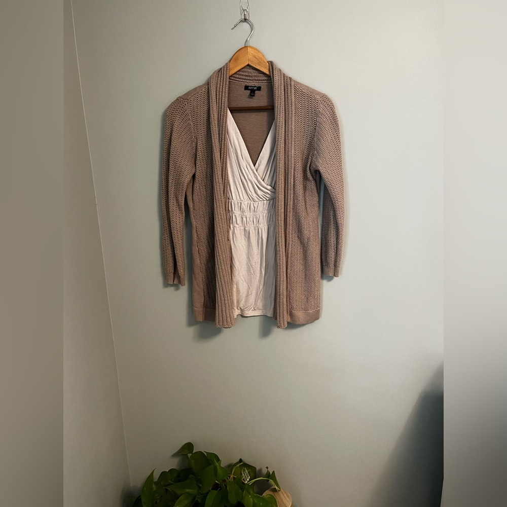Knitted cardigan with attached draped shirt